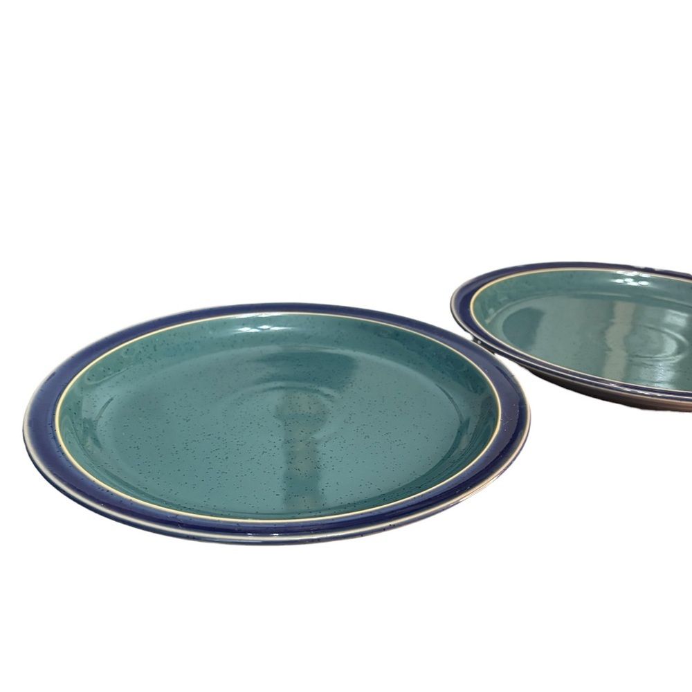 2 Denby Harlequin Dinner Plates Stoneware Navy Blue Rim Green Speckled Center - Picture 2 of 8